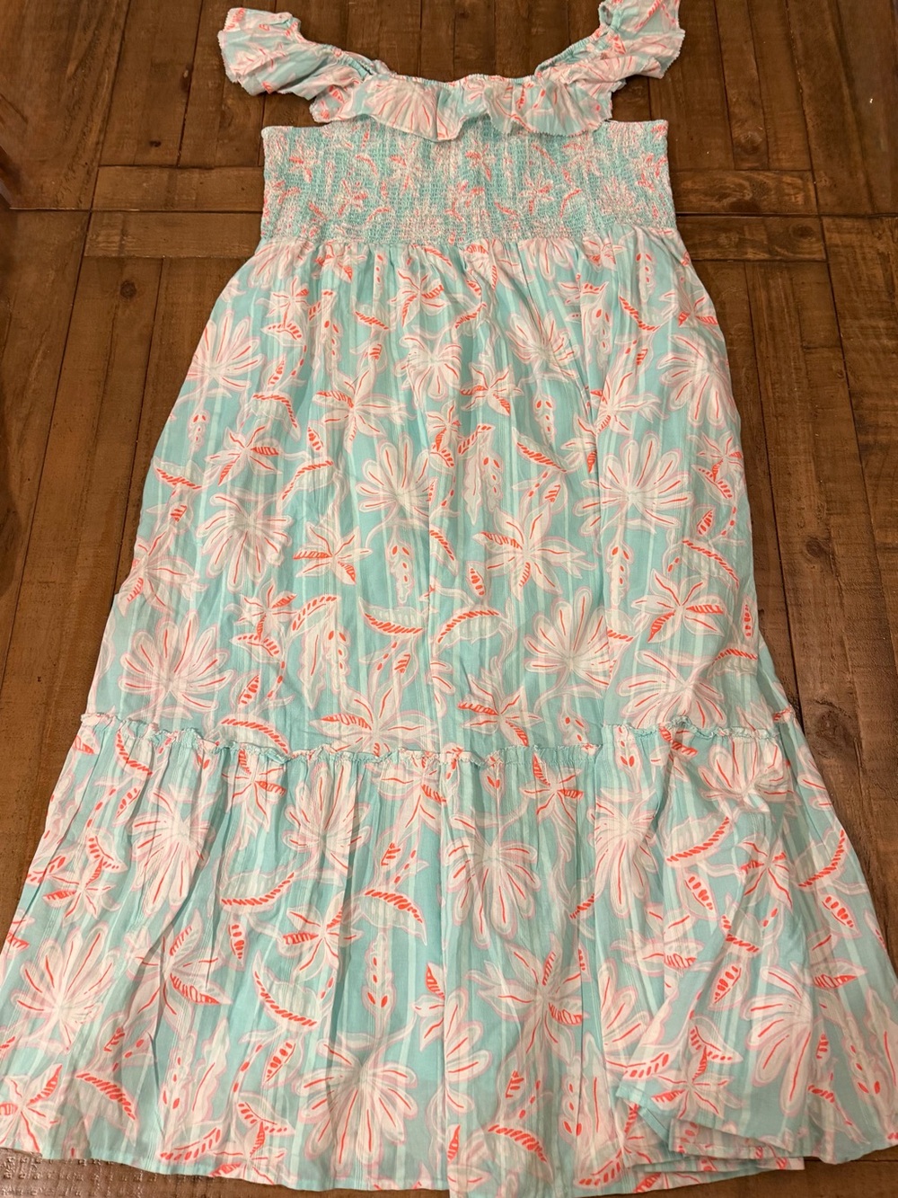 Vineyard Vines Aqua and Coral Floral Sundress with Ruffle Straps